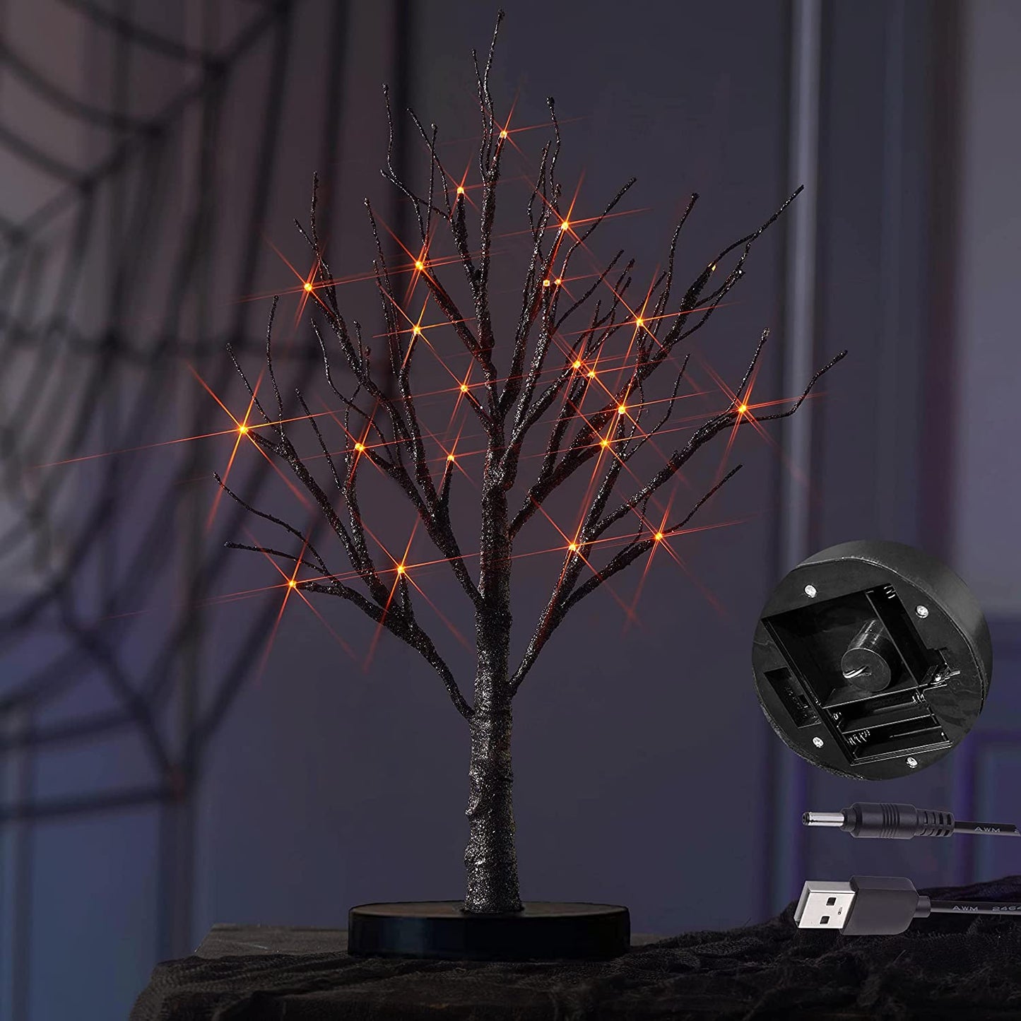 Lighted Tabletop Black Glittered Spooky Tree with Orange Lights 24 LED 18 Inches for Halloween Witch Decoration Battery Operated or USB Plug in Indoor Use