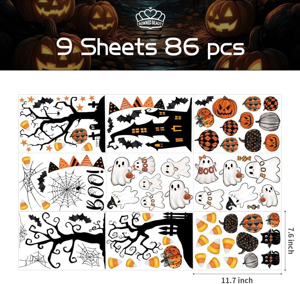 Halloween Static Window Clings, 9 Sheets 86 Pcs Reusable Non-Adhesive Removable Glass Decals Stickers for Indoor Outdoor Halloween Party Decorations