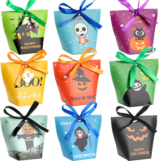 Halloween Candy Bags Treat Bags - 36PCS Halloween Decorations Halloween Party Supplies for Treat or Trick, Halloween Treat Bags for Kids, 9 Pattern Designs Halloween Party Favors with Ribbons