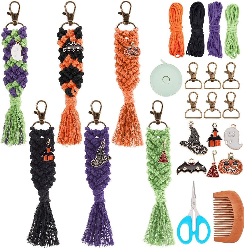 8 Set DIY Macrame Wristlet Keychain Kits for Adults Colorful Macrame Cord Knotting Kit Boho Mini Macrame Tassel Keychain with Instruction + Video for Car Key Purse Phone Wallet Charm