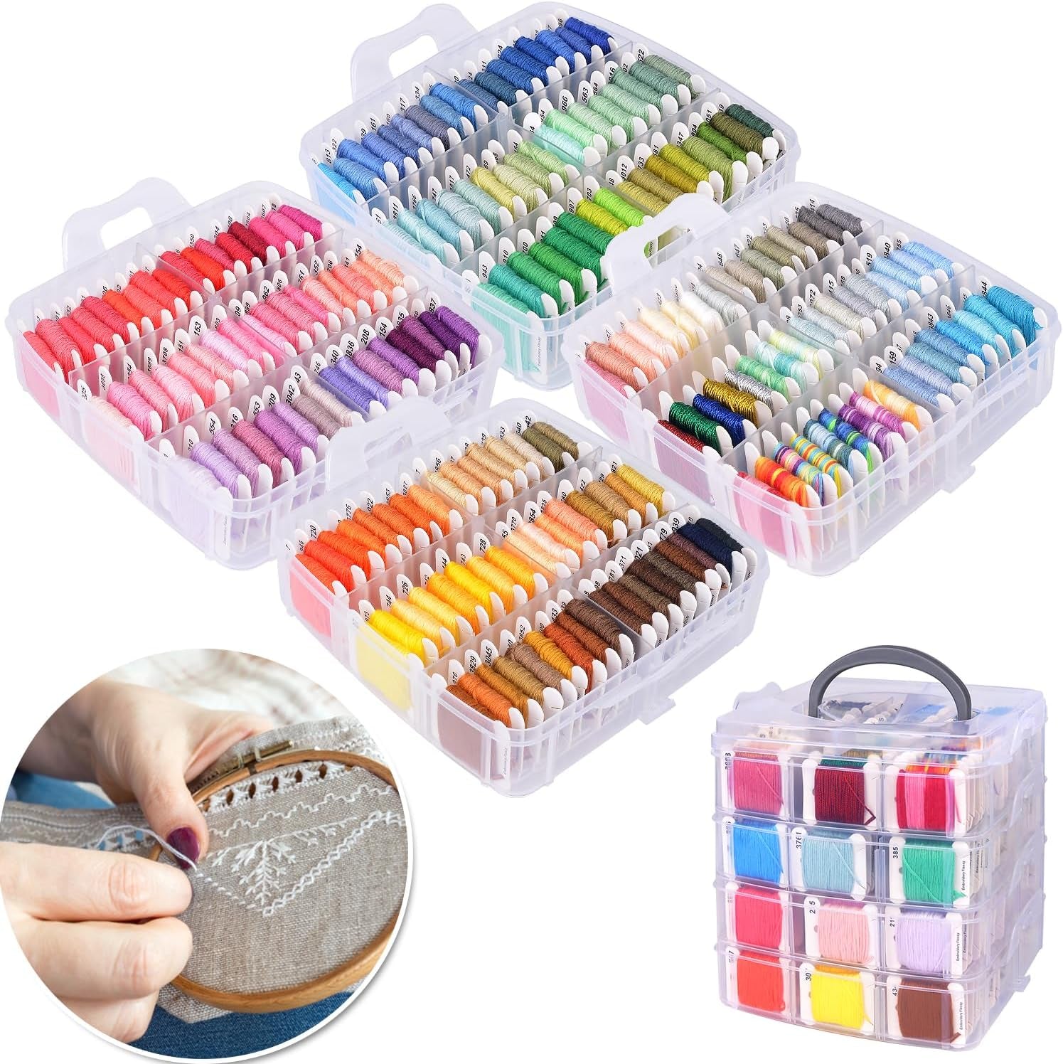 Embroidery Thread Kit Including 200 Skeins Embroidery Floss 30 Skeins White & Black Embroidery Thread Cross Stitch Tool for Friendship Bracelets Arts DIY Crafts with 4-Tier Transparent Box