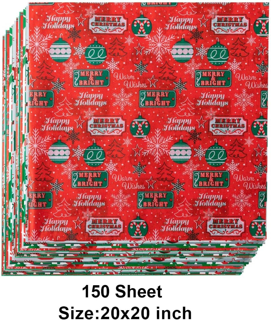 150 Sheets Tissue Paper Assortement Classic Christmas Design, Present Wrap Paper, Accessory for Gift Boxes, Gift Wrapping Bags and Wine Bottles