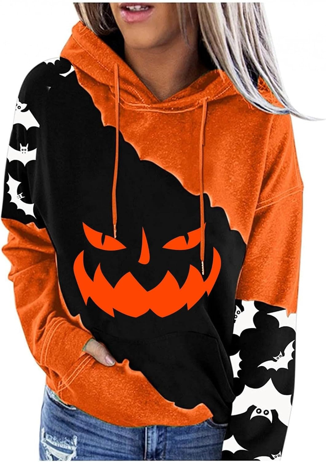 Halloween Hoodie for Women 2024 Scary Pumpkin Printed Long Sleeve Sweatshirts Pullover Cute Costumes with Pockets