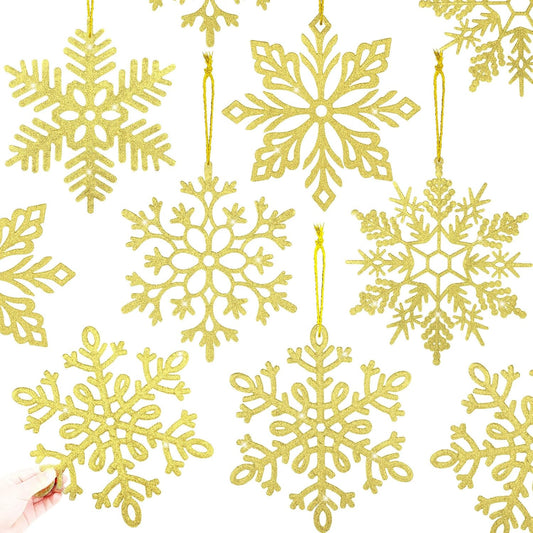 10 Pieces Large Snowflakes Ornaments 12'' Glittered Snowflakes Decorations Christmas Hanging Snowflake Decorations for Winter Christmas Tree Decorations Craft Snowflakes (Gold)