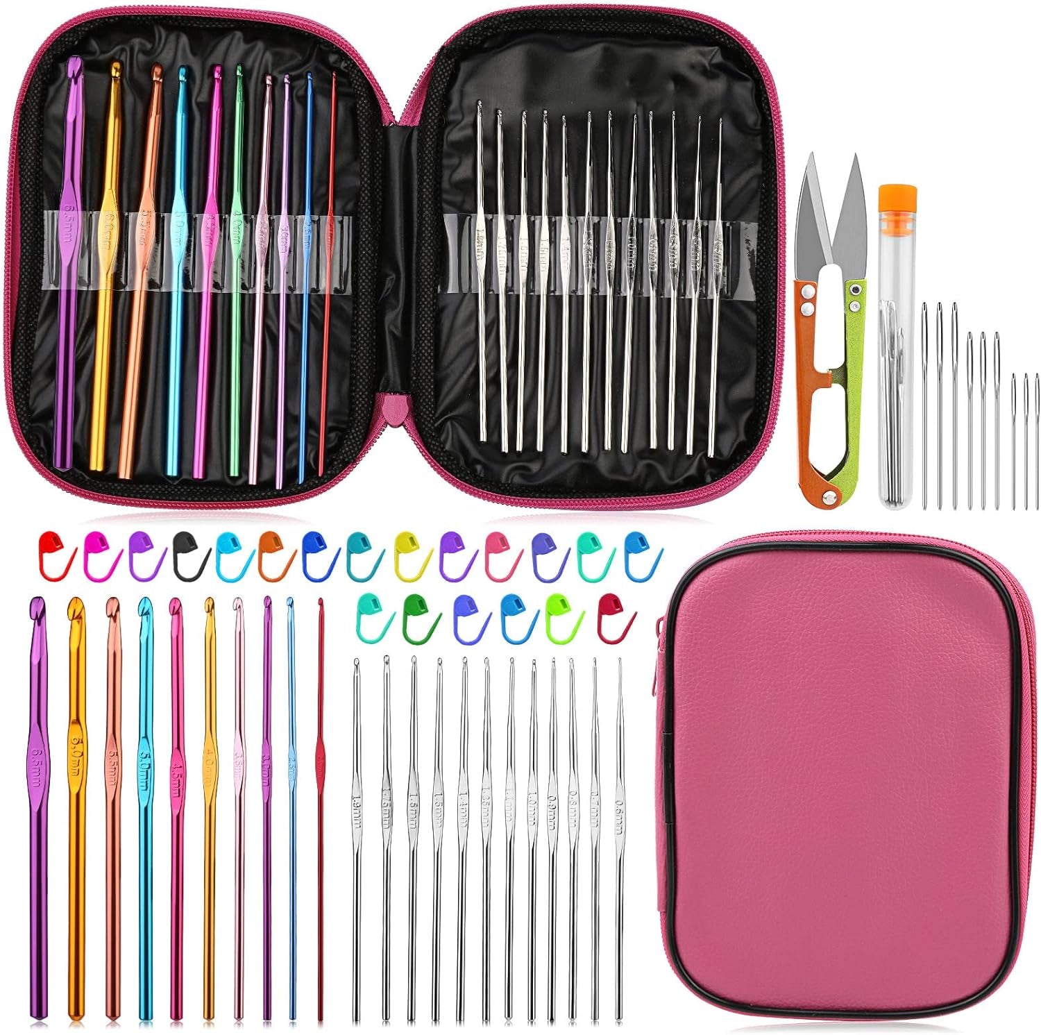 54 Pcs Crochet Needles Set, Crochet Hooks Kit with Storage Case, Ergonomic Knitting Needles Blunt Needles Stitch Marker DIY Hand Knitting Craft Art Tools for Beginners