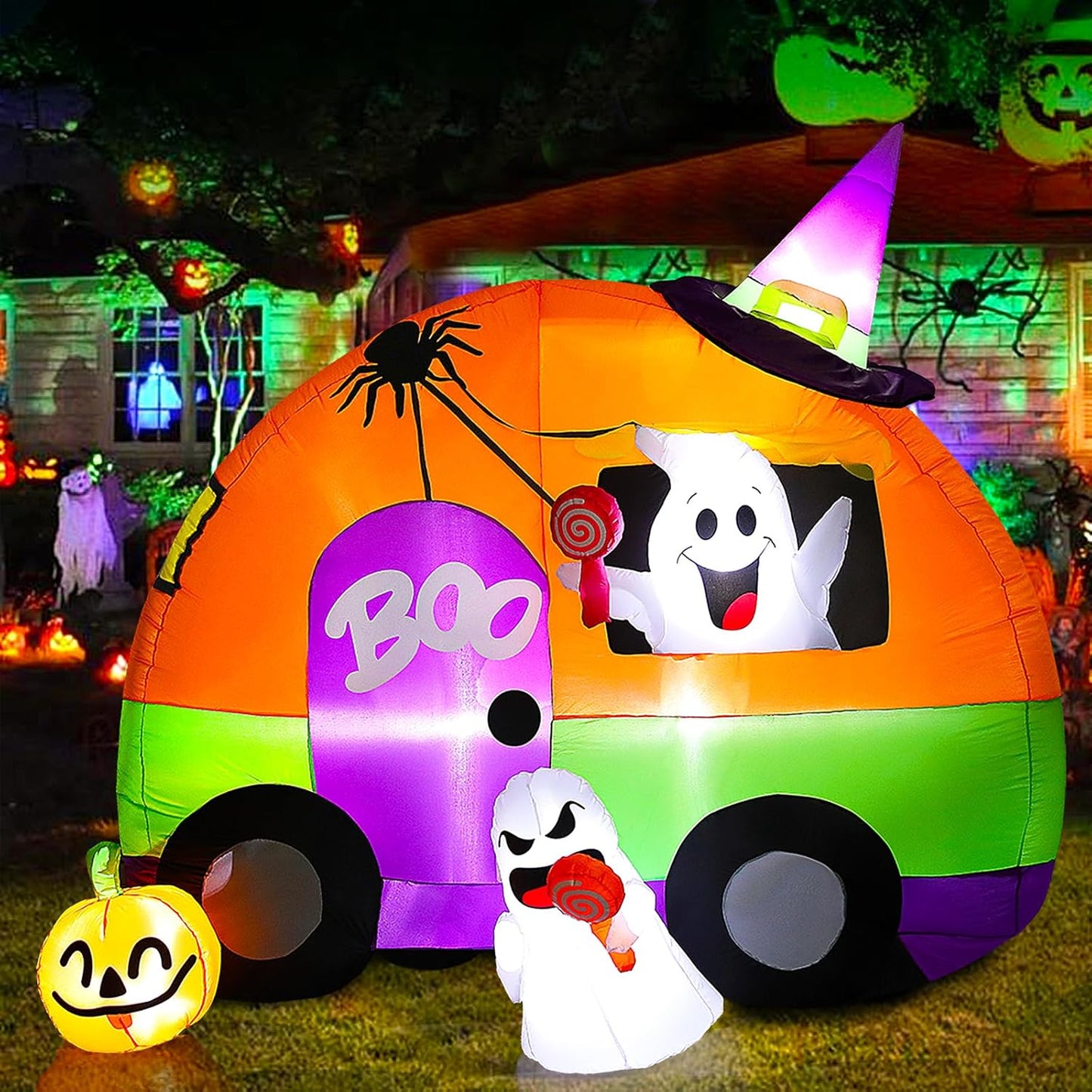 Halloween Inflatable Yard Decorations, 6Ft Tall Blow up Ghost Bus with Spider, Pumpkin, Witch Hat, Light up Holiday Inflatables Decorations for Indoor Outdoor, Party, Garden, Lawn (Ghost Bus)