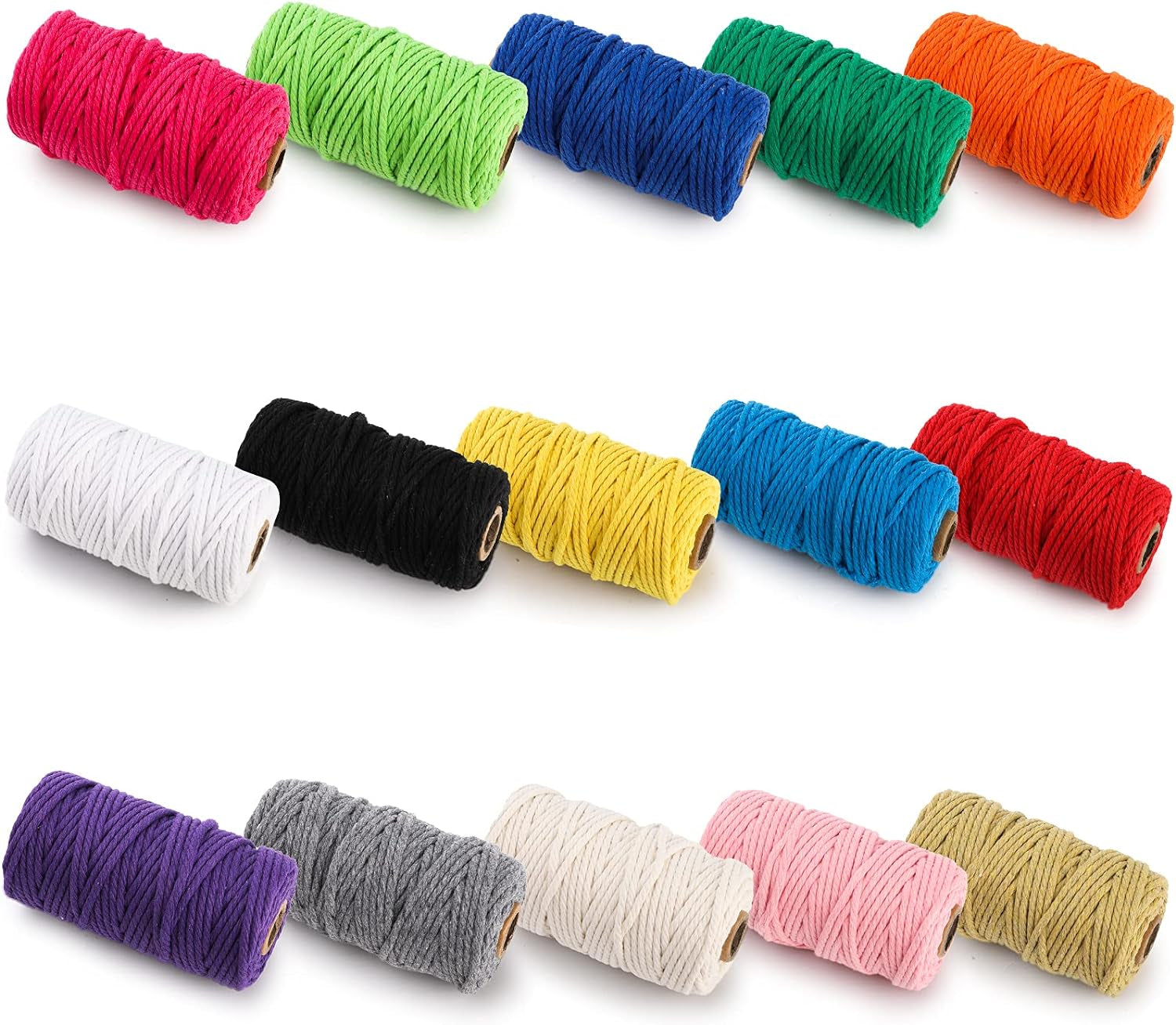 15 Rolls Macrame Cord, 3Mm X 480 Yards Natural Cotton Macrame Rope, 4-Strand Twisted Soft Cotton Twine String Cord for Artworks, Wall Hanging, Plant Hangers, Crafts, Knitting, 15 Colors