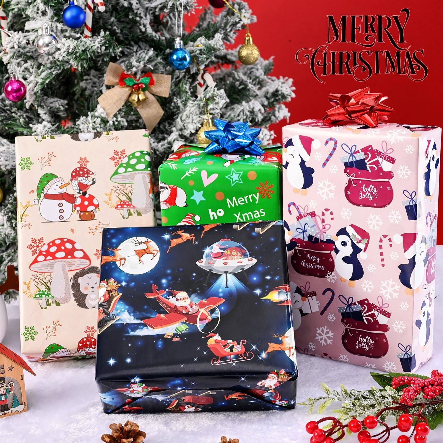 Christmas Wrapping Paper for Kids Boys Girls - Funny Xmas Holiday Gift Wrap with Gnomes, Santa, Penguins, Sloths for Party - 8 Large Sheets, Cute Design, 27 X 37 Inch, High Gloss