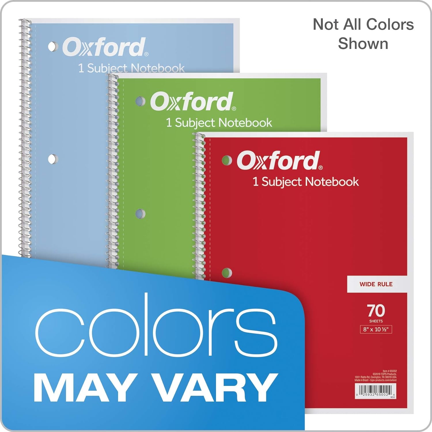 1-Subject Notebooks, 8" X 10-1/2", Wide Rule, 70 Sheets, 3 Pack, Color Assortment May Vary (65029)