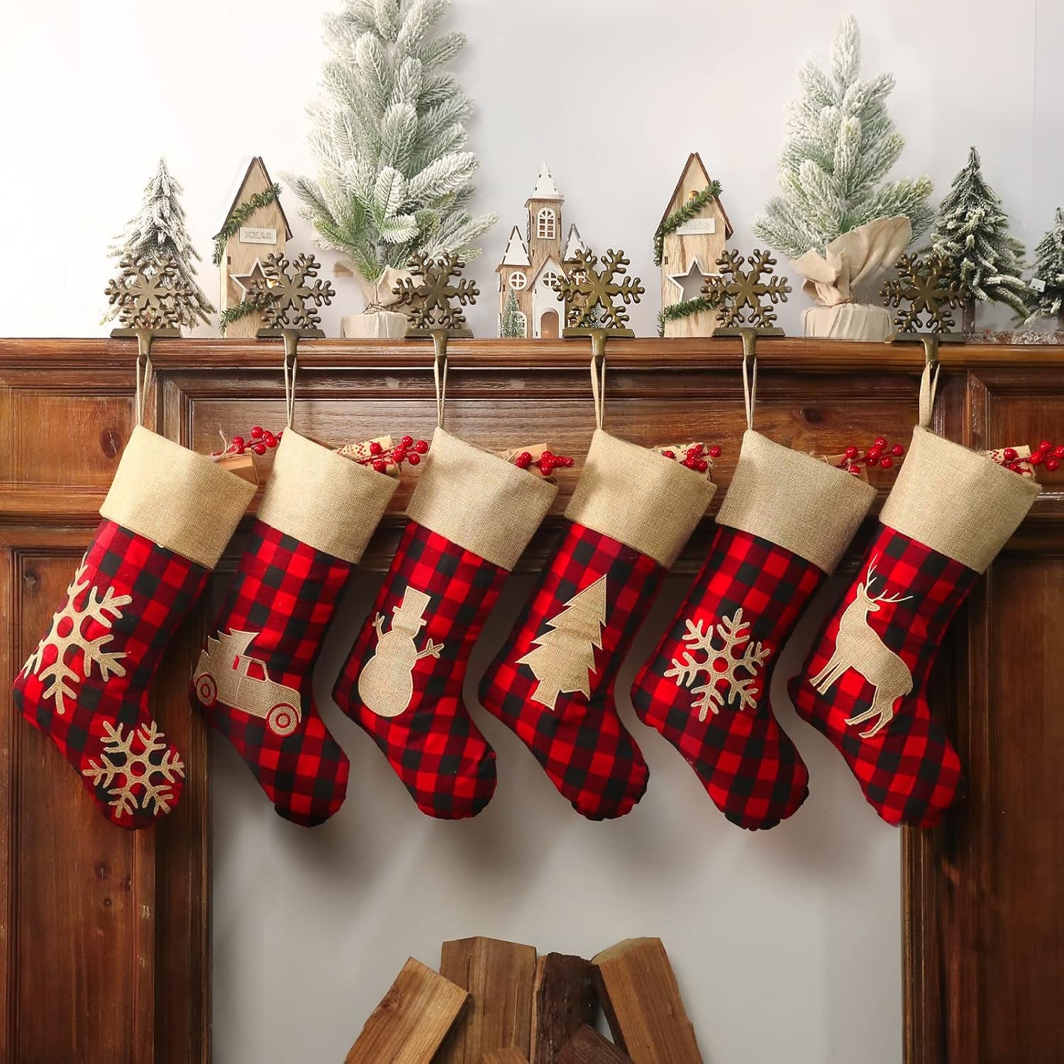 Christmas Stockings Decorations 6 Pack, 18 Inches Red Black Buffalo Plaid Xmas Ornaments, Rustic Cotton Linen with Embroidered Burlap, DIY Personalized Farmhouse Decor for Home Family Party Tree