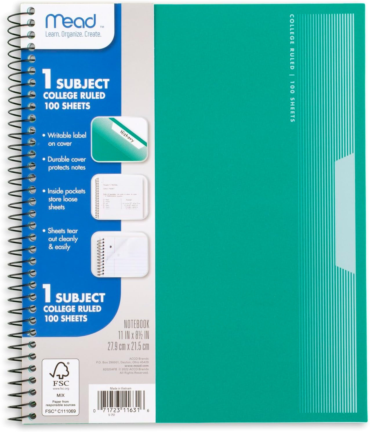 Spiral Notebooks, Pack of 5, 1-Subject, College Ruled Paper, Plastic Cover, 8-1/2" X 11", 100 Sheets, Black, Yellow, Red, Blue and Green (820299)