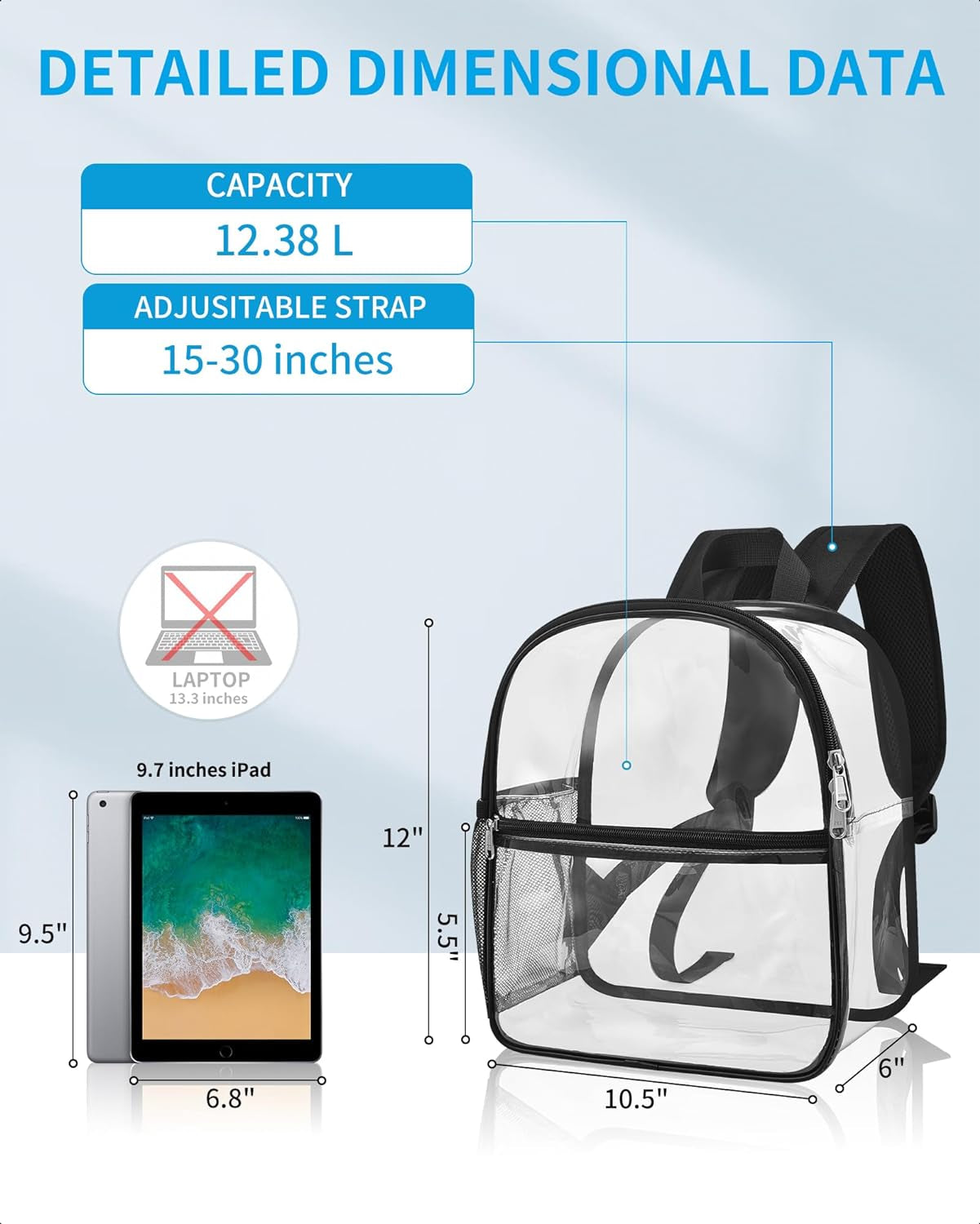 Clear Backpack Stadium Approved 12×12×6 with Reinforced and Wider Shoulder Straps, Small Clear Bag for Schools, Concerts, Work, Festivals and Sporting Events - Black