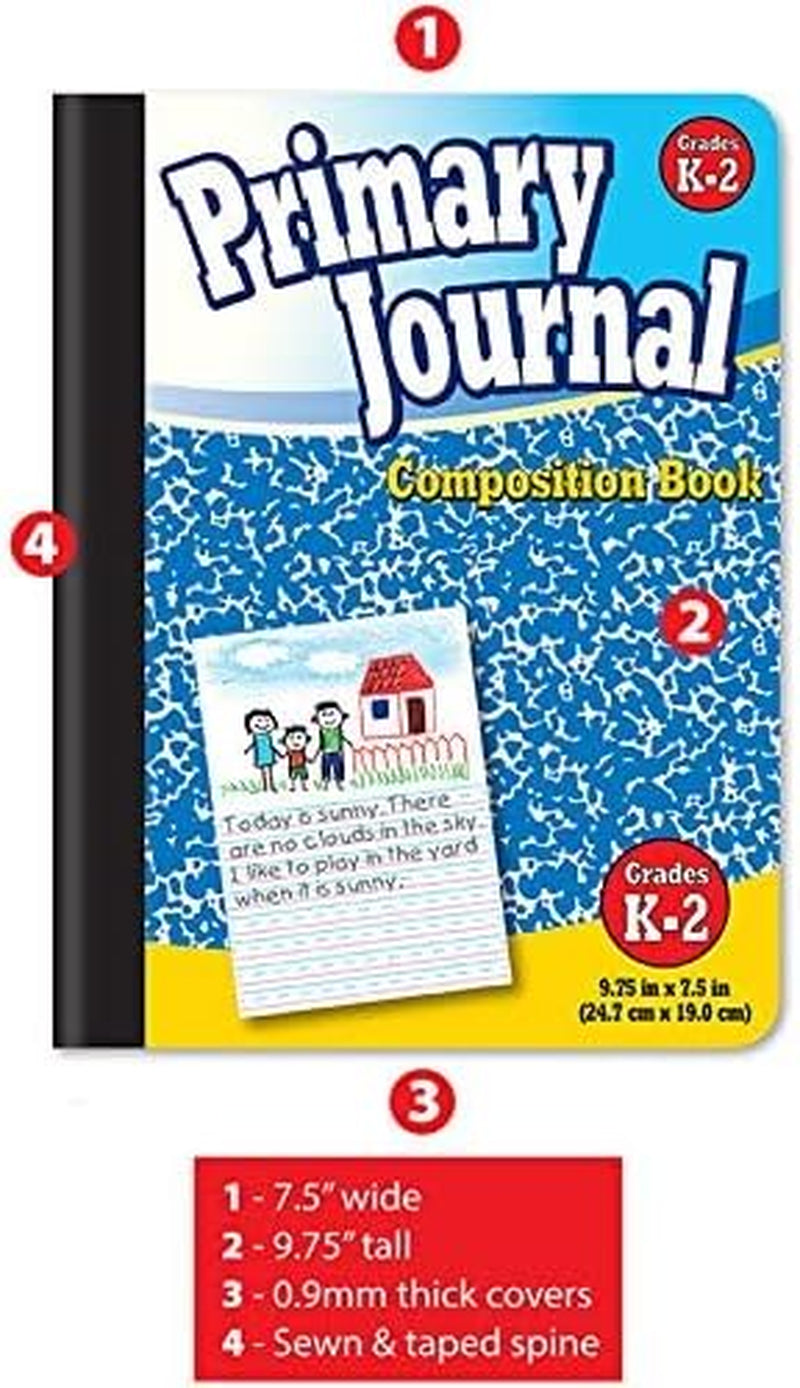 Primary Journal, Hardcover, Primary Composition Book Notebook - Grades K-2, 100 Sheet, One Subject, 9.75" X 7.5", Blue Cover-6 Pack