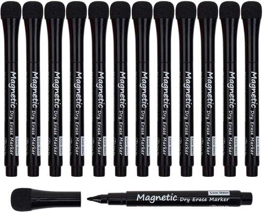 Magnetic Dry Erase Markers - Fine Tip, Black Color, 12 Pack, Low Odor Whiteboard Markers for Kids & School, Work on White Board & Calendar, Refrigerator