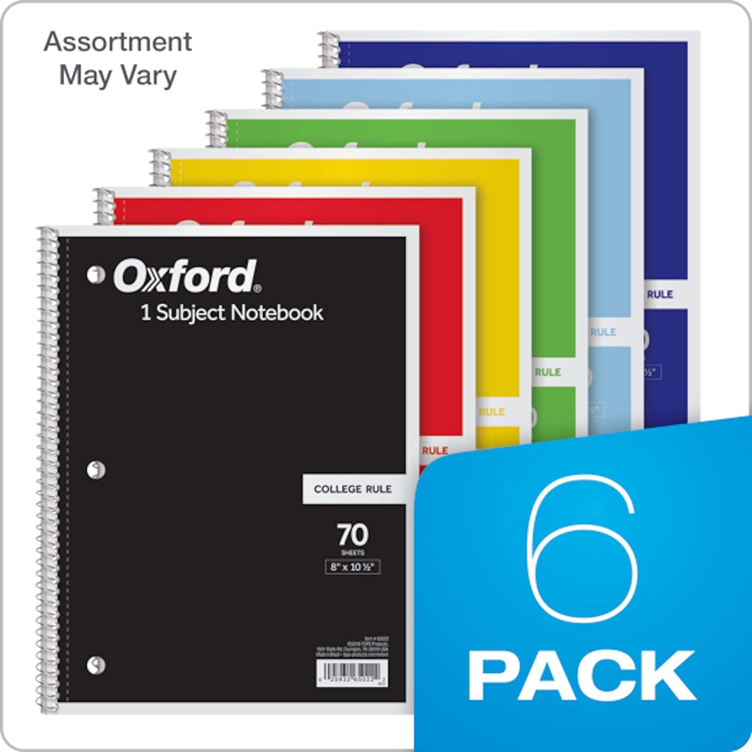 Spiral Notebook 6 Pack, 1 Subject, College Ruled Paper, 8 X 10-1/2 Inch, Color Assortment Design May Vary (65007)