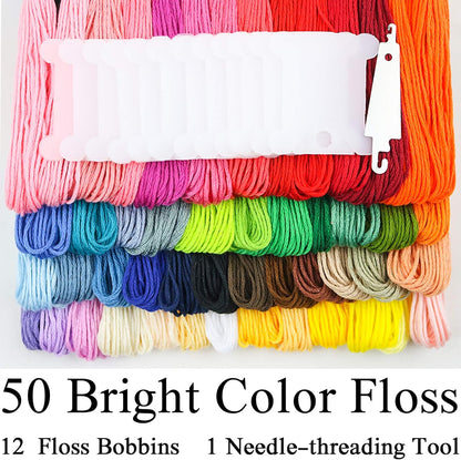 Embroidery Floss 50 Skeins Cross Stitch Thread Rainbow Color Friendship Bracelets Floss Crafts Floss with 12 Pcs Floss Bobbins and 1 Pcs Needle-Threading Tool