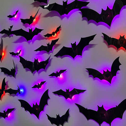 36 Pack Halloween Bats Wall Decor – Lighted 3D Bat Stickers Assorted Size for Halloween Party, Bedroom Window Decorations, Indoor and Outdoor Home Decals