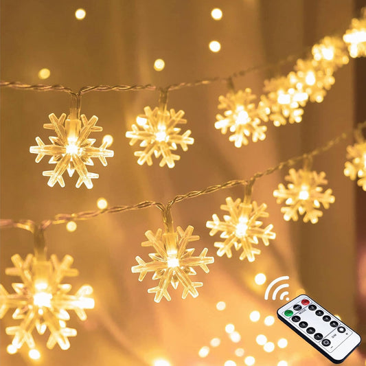 Christmas Snowflake String Lights, 20 FT 40 LED Warm White Battery Operated Fairy Lights with Remote Timer - Bedroom Room Indoor Xmas Tree Decorations