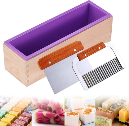Silicone Soap Molds Kit-42 Oz Wooden Silicone Soap Rectangular Mold with Stainless Steel Wavy & Straight Scraper for Soap Cake Making (Purple)