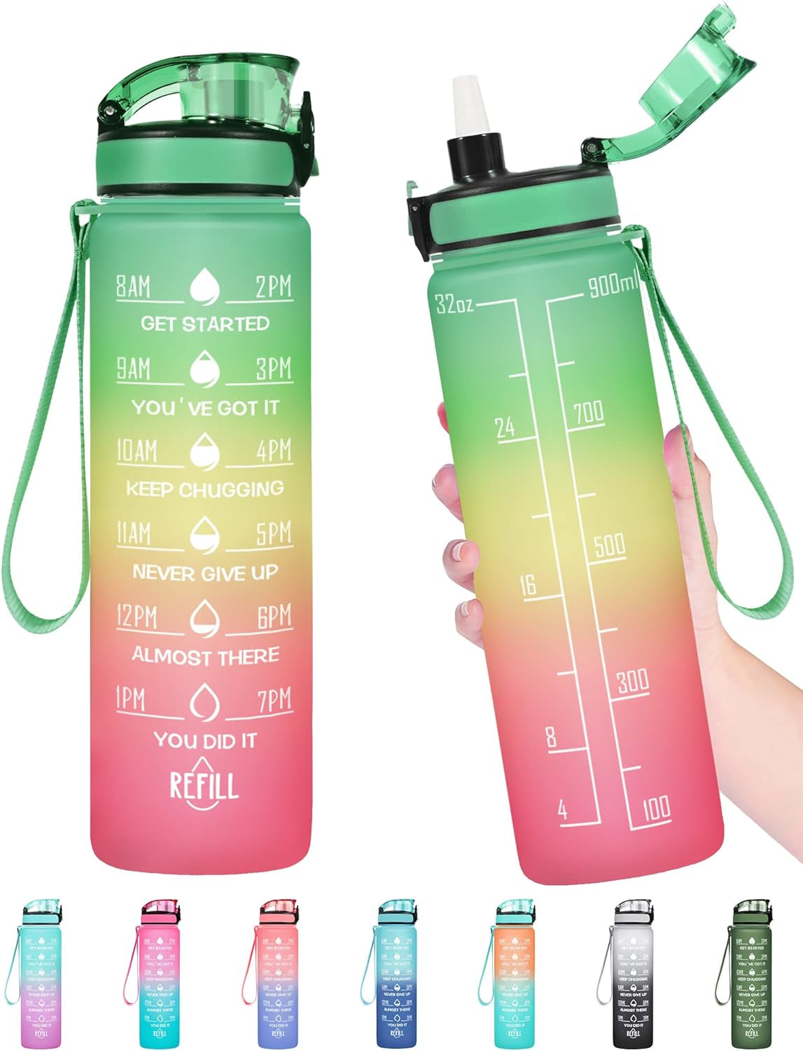 32 Oz Water Bottle, Leakproof BPA & Toxic Free, Motivational Water Bottle with Times to Drink and Straw, Fitness Sports Water Bottle with Strap for Office, Gym, Outdoor Sports, Gray-Black