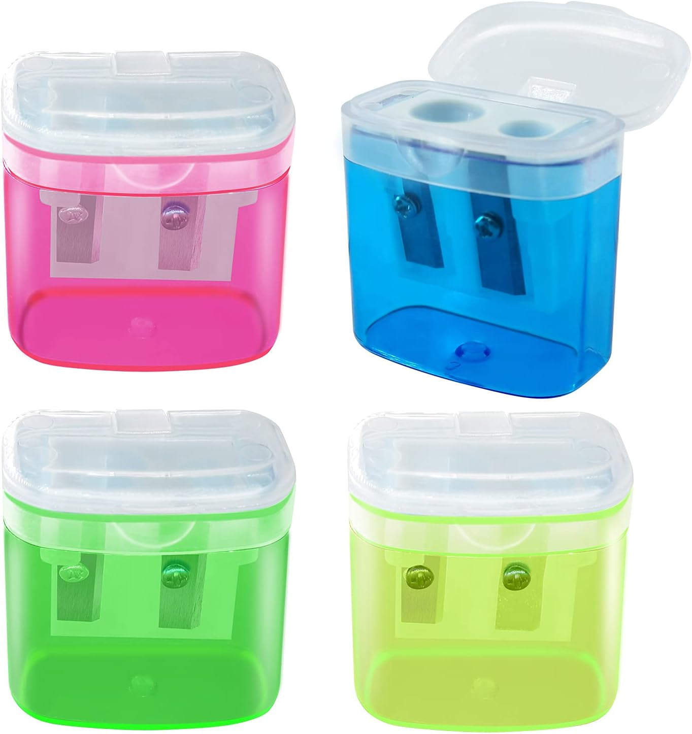 Manual 4PCS Colorful Compact Dual Holes Pencil Sharpeners with Lid for Kids & Adults, Portable for School Office