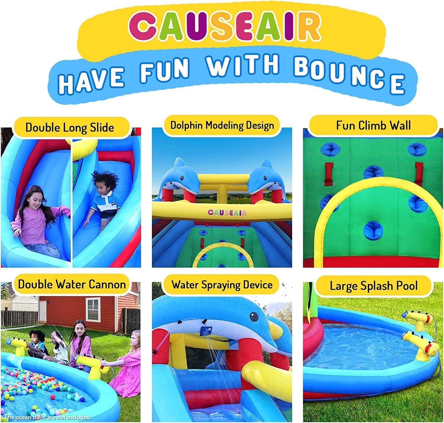 Inflatable Water Slide with Bounce House,Dolphin Styling,Splashing Pool,Double Water Cannon,Climbing Wall,Heavy Duty GFCI Blower,Inflatable Water Park for Kids Backyard Summer