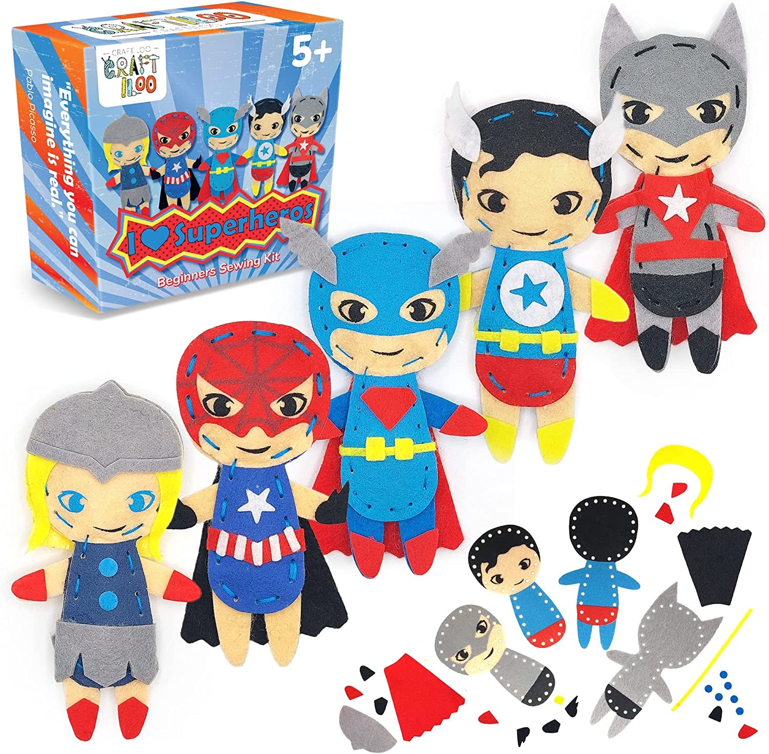 Superhero Sewing Kits for Little Kids 5 Easy Projects for Children Beginners Sewing Kit Kid Crafts Make Your Own Felt Pillow Plush Craft Kit My First Sewing Kit Learn to Sew Kit