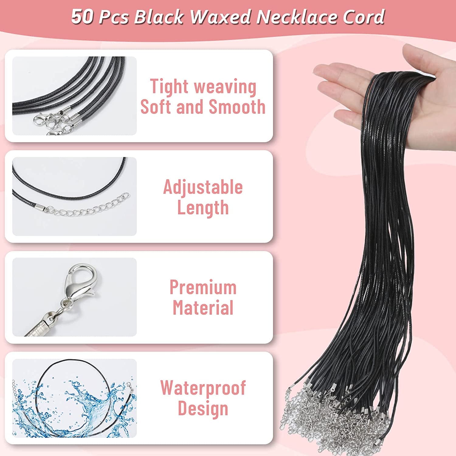 Necklace Cord,  50Pcs Black Necklace String Rope with Clasp, 24 Inch Black Waxed Cotton Cord Necklace Bulk for Charms Pendants, Bracelets, Necklaces, Jewelry Making Supplies and Beading Supplies