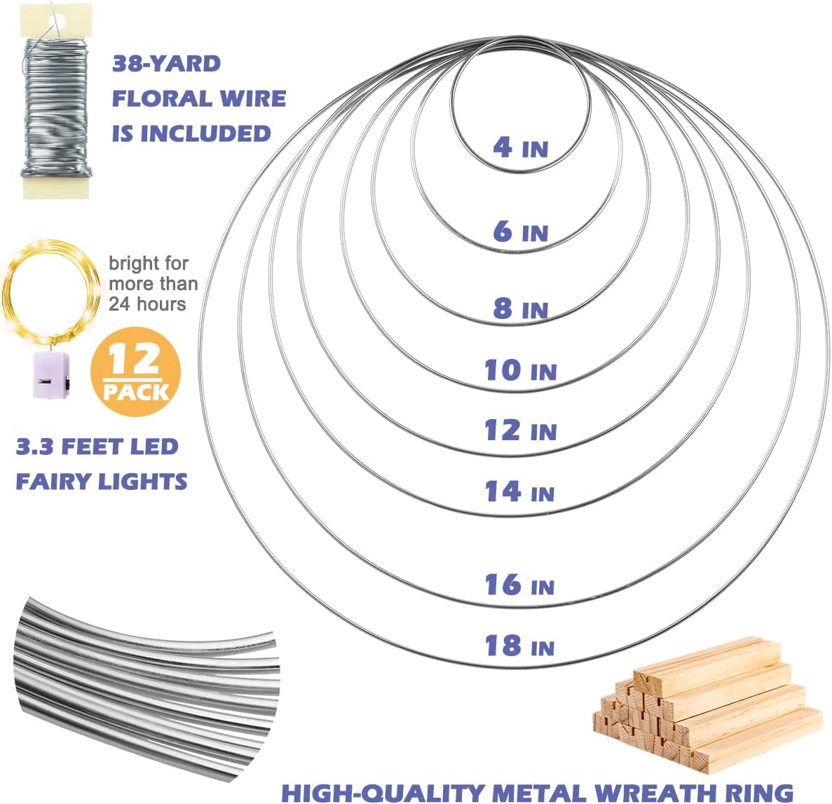 12 Pack Floral Hoop with Holders and LED Fairy Lights 18 Inch Metal Rings for DIY Centerpiece Table Decorations Crafts Macrame Rings Hoop Wreath Dream Catcher Rings Wedding Christmas Wreaths, Silver