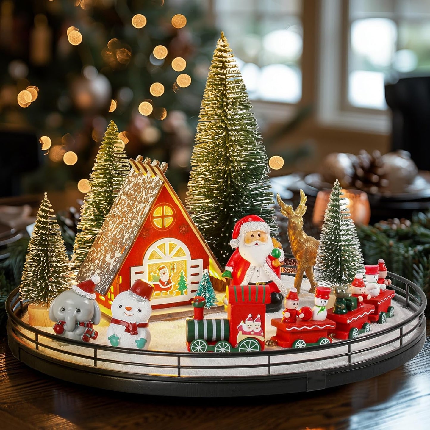 12 Pcs Christmas Table Decorations Indoor Christmas Village Sets, Winter Xmas Holiday 13” Lazy Susan with Light-Up House Christmas Trees Santa Snowman Table Centerpieces Town Building Collection Décor