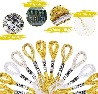 24 Skeins Metallic Embroidery Threads Glitter Embroidery Floss Embroidery Floss-Cross Stitch Thread Gold and Silver Polyester Thread Friendship Bracelets Thread for Embroidery Thread Crafts