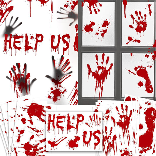 Halloween Window-Clings-Decorations Bloody-Handprint-Footprint Stickers, Scary Halloween Party Indoor/Outdoor Decoration, for Windows, Car - 12 Sheets