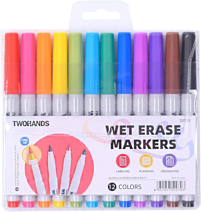 Wet Erase Markers Ultra Fine Tip,0.7Mm,Low Odor,Extra Fine Point,12 Assorted Colors,Whiteboard Markers for Office,Home,Or Planning Dry Erase Board,20703