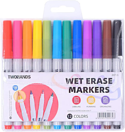 Wet Erase Markers Ultra Fine Tip,0.7Mm,Low Odor,Extra Fine Point,12 Assorted Colors,Whiteboard Markers for Office,Home,Or Planning Dry Erase Board,20703