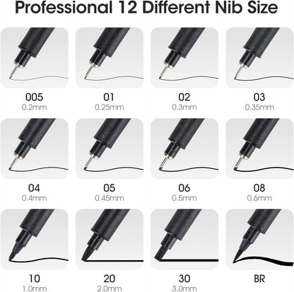 Art Pens,Fineliner Ink Pens,Set of 12 Technical Drawing Pen,Pigment Pen,Fine Point,Black,Waterproof,For Art Watercolor,Sketching,Anime,Manga, 902188