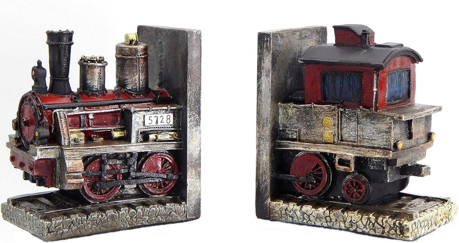 20928 Decorative Bookends Train Steam Locomotive Engine Industrial Car Salon Gear Book Ends Shelves Support Heavy Duty Rustic Vintage Style Noble Express