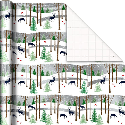 Foil Holiday Wrapping Paper with Cut Lines on Reverse (3 Rolls: 60 Sq. Ft. Ttl) Woodland Scene with Deer, Green and Navy Blue Plaid, Wreaths on Navy Blue