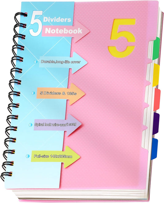 5 Subject Notebooks College Ruled Spiral Notebook 5X7 Hardcover Notebook with Divider Tabs 220 Pages Small Notebook for Work A5 Pink Spiral Notebook College Ruled Notebook for Note Taking School