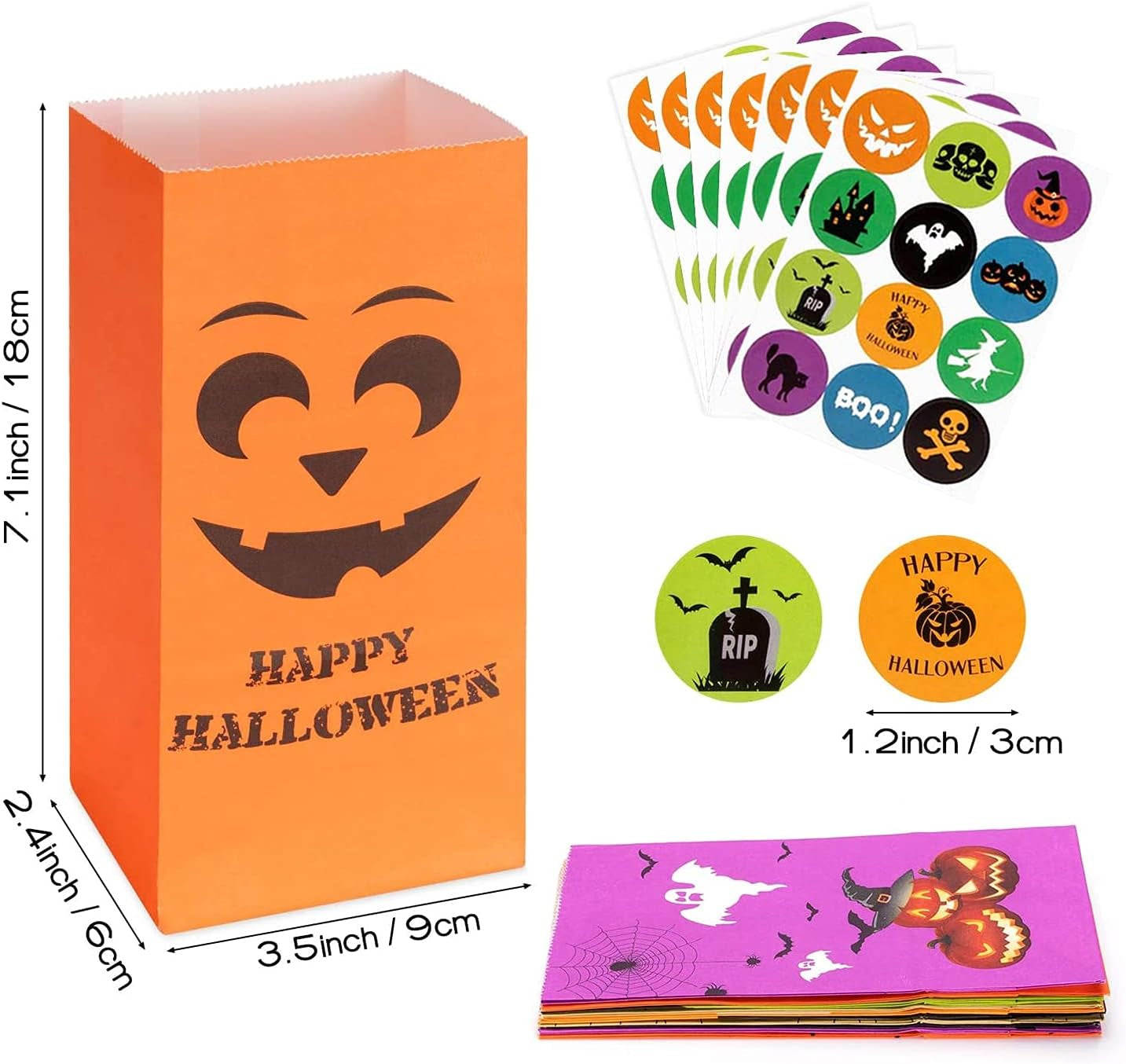 Halloween Treats Bags Party Favors 80 Pcs Kids Halloween Candy Bags for Trick or Treating + 84 Pcs Halloween Stickers, Mini Paper Gift Bags for Treats Snacks, Halloween Goodie Bags Party Supplies