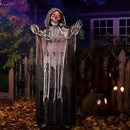 67" Halloween Decorations Outdoor Life Size Animatronics Grim Reaper with Chain, Sound-Actived Halloween Party Decoration with Creepy Sound, Scary Haunted House Props for Garden Yard Lawn