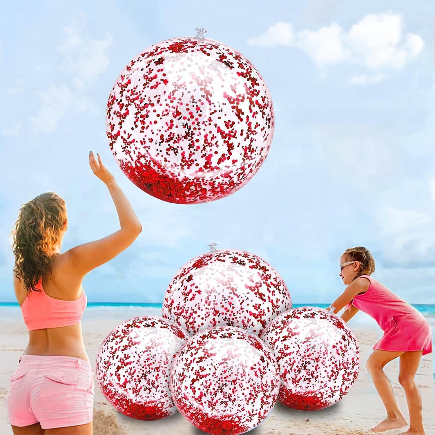 5 Pack Sequins Beach Balls Pool Toys Balls 16 Inch 24 Inch Confetti Glitters Inflatable Clear Beach Ball Swimming Pool Water Beach Toys Summer Outdoor Party Favors for Kids Adults