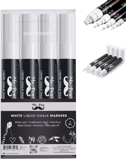 - White Chalk Markers, 4 Pack, Dual Tip, 8 Assorted Colors, for Non-Porous Surfaces, Reversible Chisel and Bullet Tip