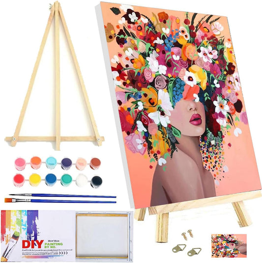 Framed and Easel Woman Flower Paint by Numbers Kit for Adults,Figure Easy Paint by Numbers Kit for Beginner Home Table and Gift for Wall Decor 7.8X11.8Inch