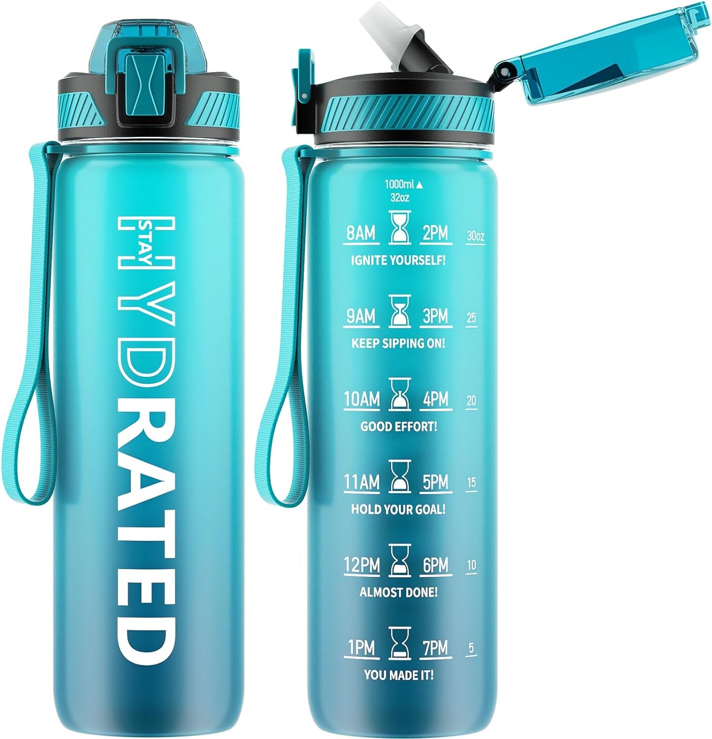 Water Bottle with Straw, 32 Oz Motivational Water Bottles with Time Marker to Drink, Tritan BPA Free, 1L Sports Water Bottle with Carry Strap Leakproof for Men Gym Fitness Outdoor (1 Pack)