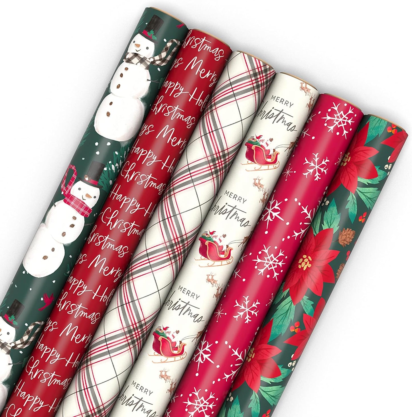 Rustic Recyclable Christmas Wrapping Paper (6 Rolls: 180 Sq. Ft. Total) Red, White and Hunter Green Plaid, Poinsettias, Snowflakes, "Merry Christmas," Snowman, Santa