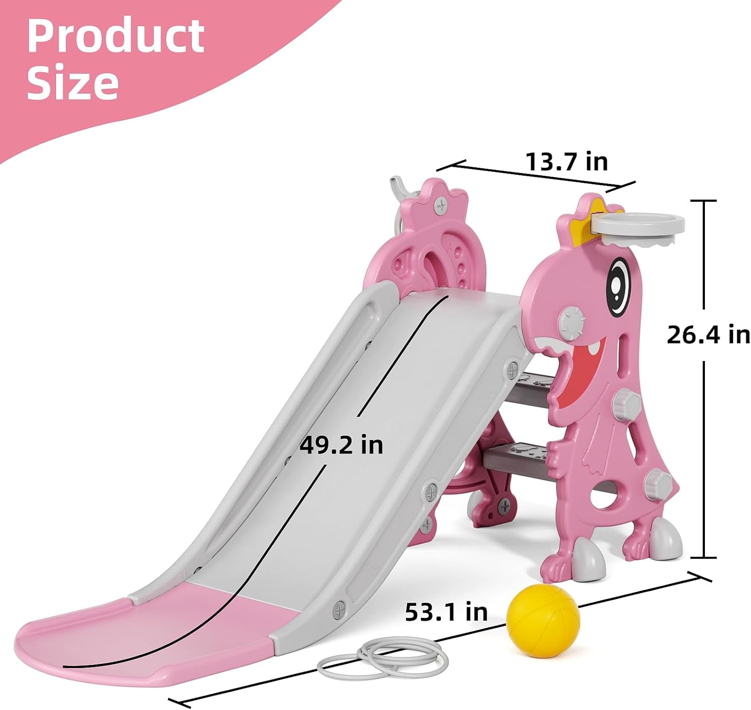 Toddler Slide, 4 in 1 Foldable Indoor Slide for Toddlers Age 1-3, Indoor and Outdoor Playground, Toddler Climber Playset with Basketball Hoop and Ring Toss (Pink)