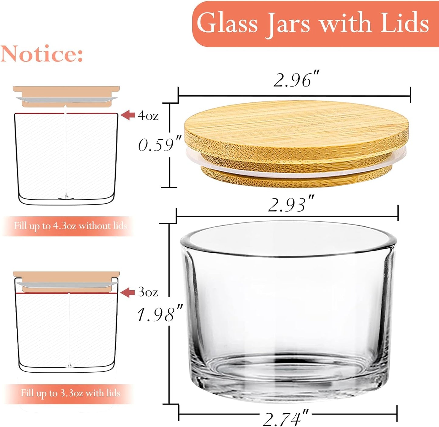 15 Pack 4 OZ Clear Glass Candle Jars with Airtight Bamboo Lids for Making Candles, Bulk Small Wide Mouth Empty Candle Containers with Sticky Warning Labels - Dishwasher Safe