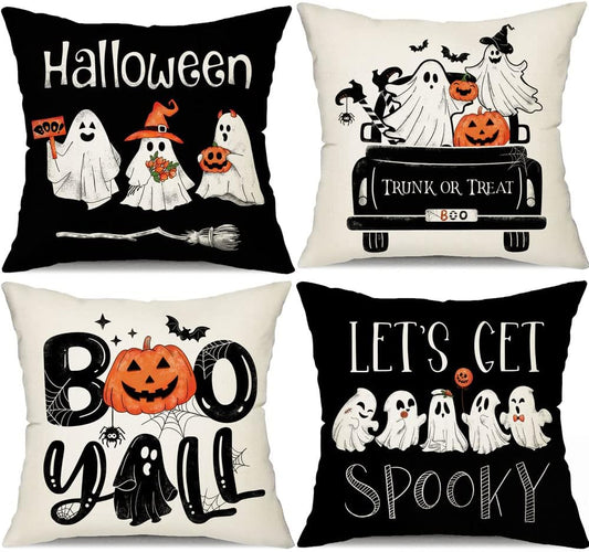 Halloween Pillow Covers 16X16 Inch Set of 4 Black and White Ghost Pumpkins Decoration Outdoor Pillow Cases Black Throw Pillow Covers Decor for Sofa Bed Outdoor Car