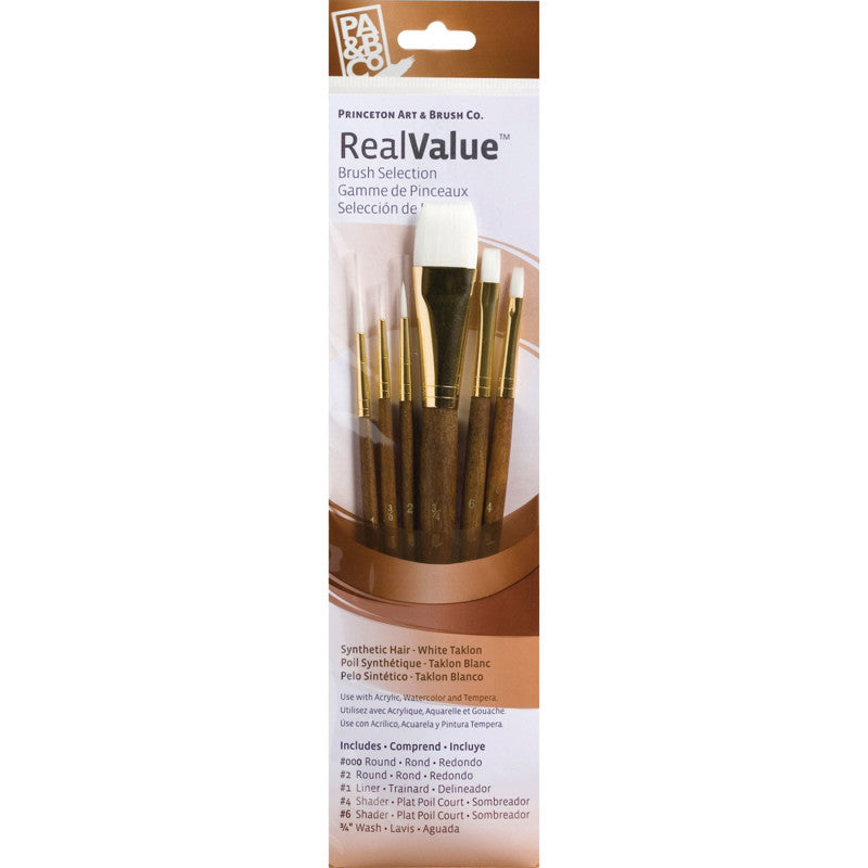 RealValue Brush Set, White Taklon Bristles, Short Handle Mixed Media Paintbrush, Brown, 6 Pieces