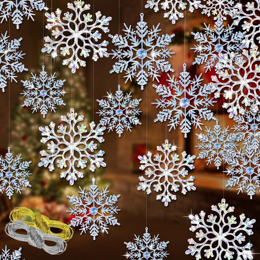 46 Pcs Glitter Snowflake Ornaments Various Size Plastic Winter Snowflakes Ornaments Christmas Tree Decorations with Silver Rope for Winter Wonderland Christmas Tree Window Door Accessories (Gild)